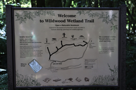 Sign with map of Wildwood Wetland Trail – Wildwood watch tips – list of what to bring – distance of trail
